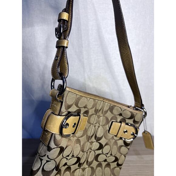 Coach Signature C Beige Tan Leather Logo Canvas Shoulder Bag Purse - Picture 7 of 11